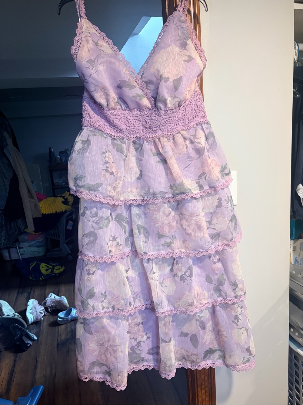 Lavender Floral Tiered Lace-Trim Casual Dress